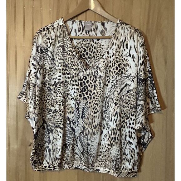 Chicos Size 1 US 8-10 V-neck Animal Print Batwing Sleeve Shirt Blouse Top - Picture 1 of 4